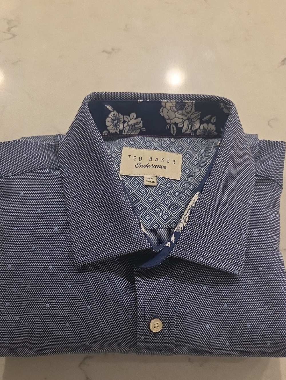 Unworn Ted Baker Blue Dot-Pattern Dress Shirt with Floral Inner Collar